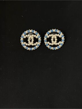 CHANEL Pearl and Light Blue Crystal Double C Circle Earrings